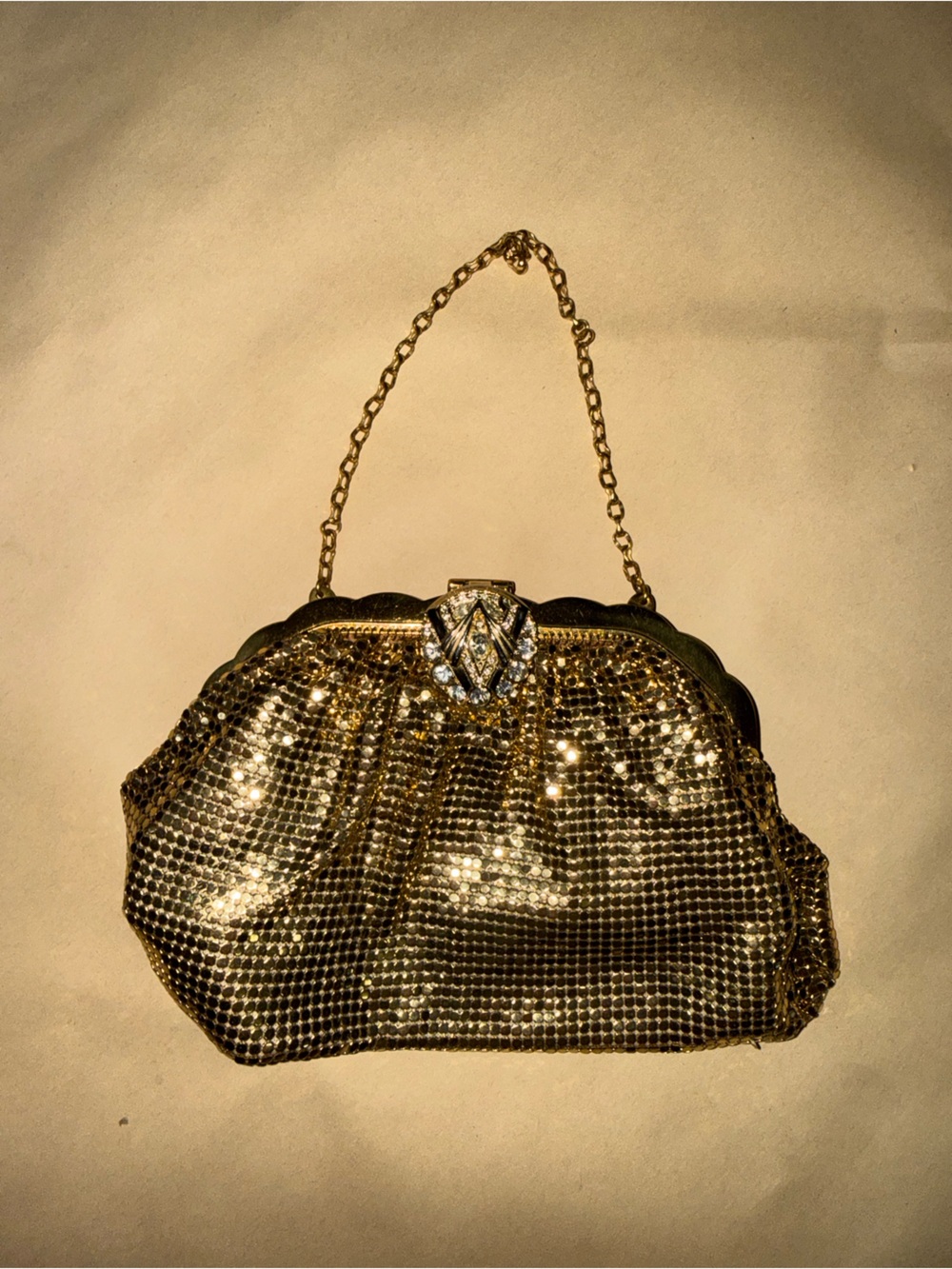 Whiting & Davis vintage Gold Mesh Evening Wristlet with Chain